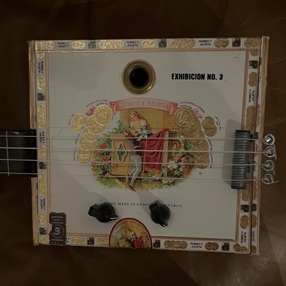 Unique Cigar Box Guitar with Colorful Design - Picture 2 of 4